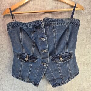 Emerson Lang Strapless Blue Denim Cropped Corset Bustier Women's Large Biker Y2K